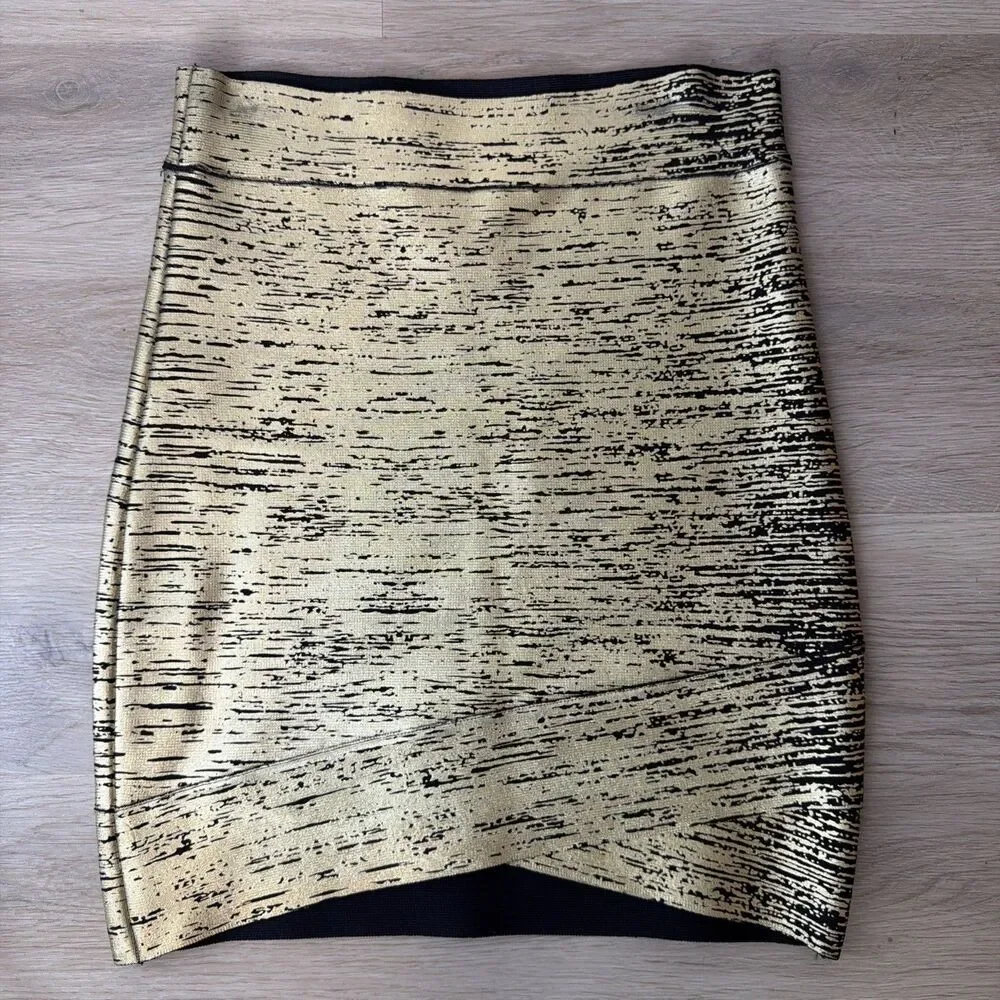 BCBG MaxAzria SILVIE Gold Foil Bandage Skirt S Metallic Y2K Bodycon Shimmer - Picture 3 of 7
